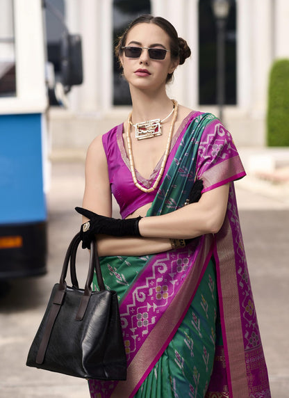 Green & Rani Pink Soft Silk Ikkat Design Casual Wear Saree