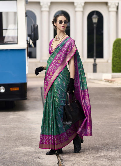 Green & Rani Pink Soft Silk Ikkat Design Casual Wear Saree