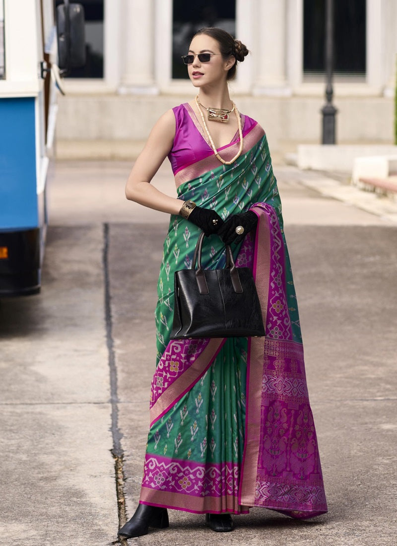 Green & Rani Pink Soft Silk Ikkat Design Casual Wear Saree