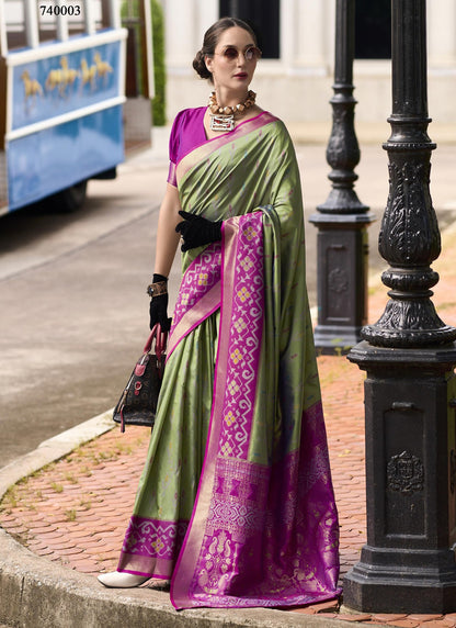 Mehndi & Magenta Soft Silk Ikkat Design Casual Wear Saree