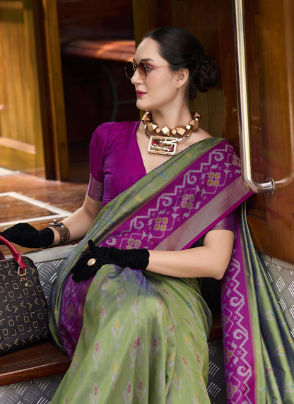 Mehndi & Magenta Soft Silk Ikkat Design Casual Wear Saree