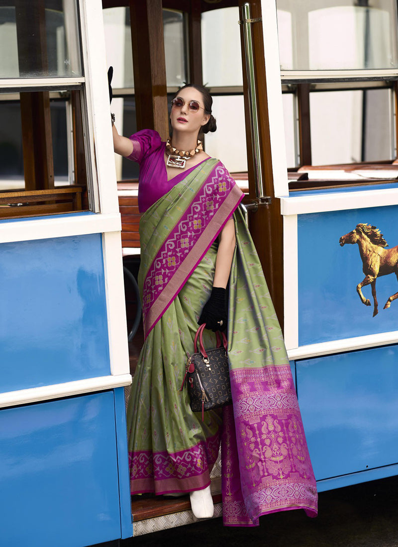 Mehndi & Magenta Soft Silk Ikkat Design Casual Wear Saree