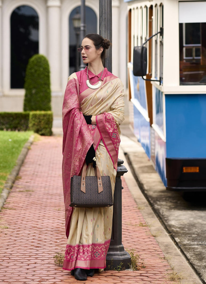 Beige & Pink Soft Silk Ikkat Design Casual Wear Saree