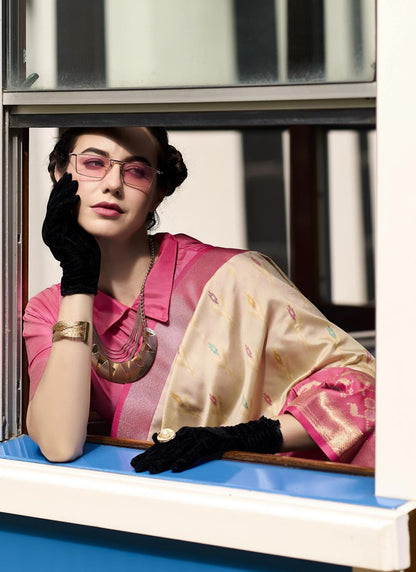 Beige & Pink Soft Silk Ikkat Design Casual Wear Saree