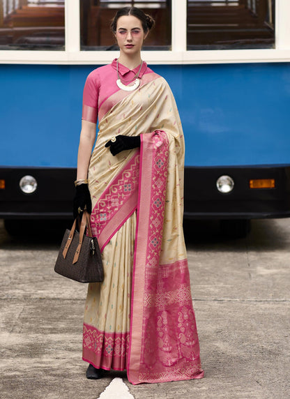 Beige & Pink Soft Silk Ikkat Design Casual Wear Saree