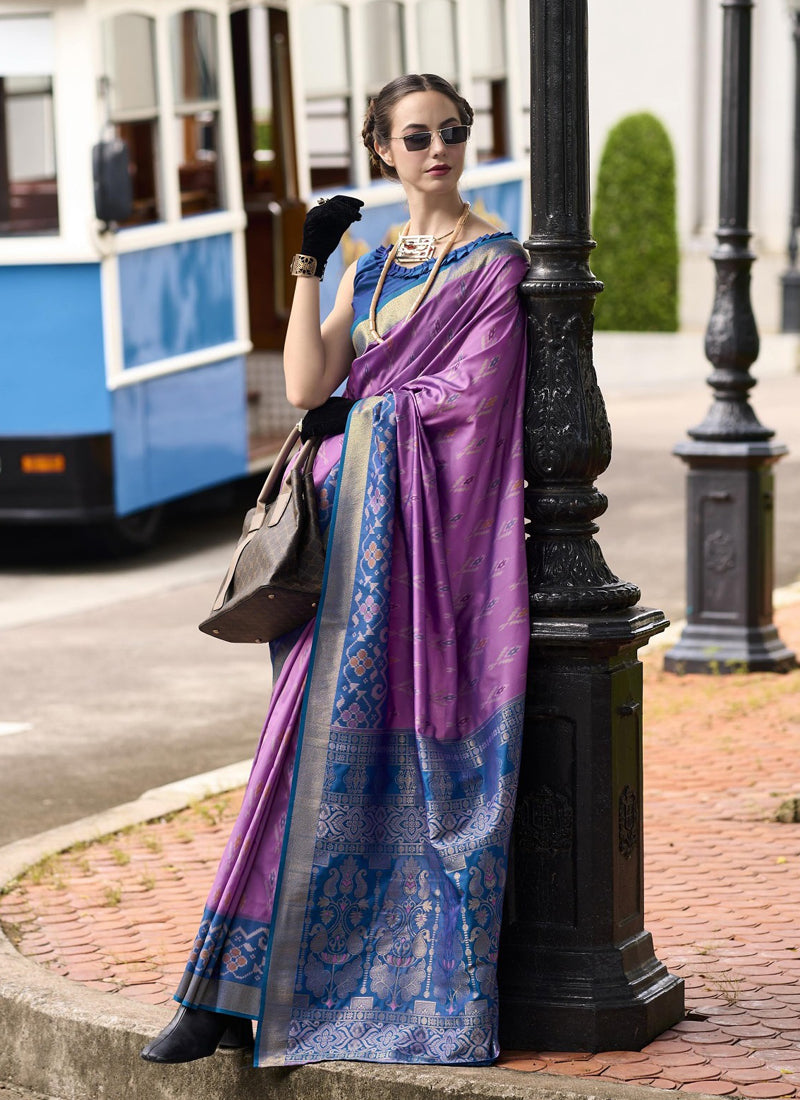 Purple & Blue Soft Silk Ikkat Design Casual Wear Saree