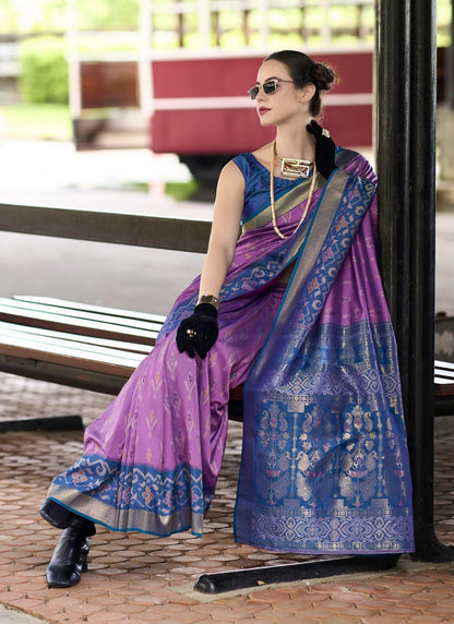 Purple & Blue Soft Silk Ikkat Design Casual Wear Saree