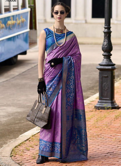 Purple & Blue Soft Silk Ikkat Design Casual Wear Saree