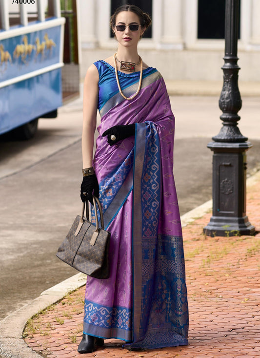 Purple & Blue Soft Silk Ikkat Design Casual Wear Saree