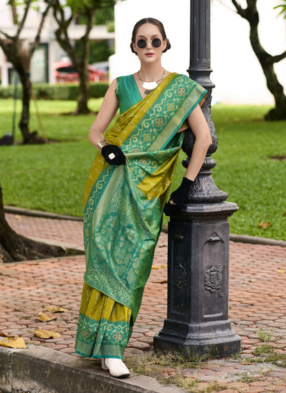Olive & Green Soft Silk Ikkat Design Casual Wear Saree