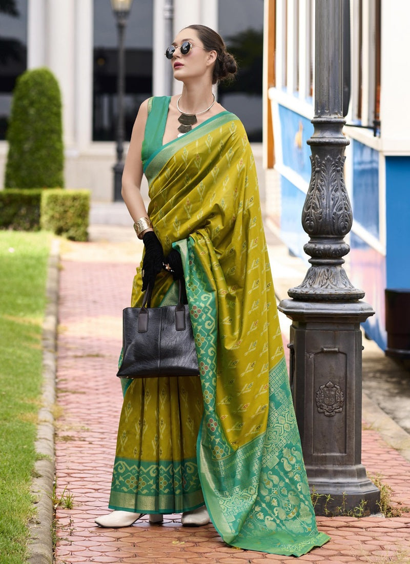 Olive & Green Soft Silk Ikkat Design Casual Wear Saree