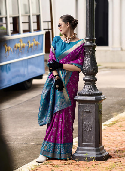 Magenta & Sky Blue Soft Silk Beautiful Ikkat Design Casual Wear Saree