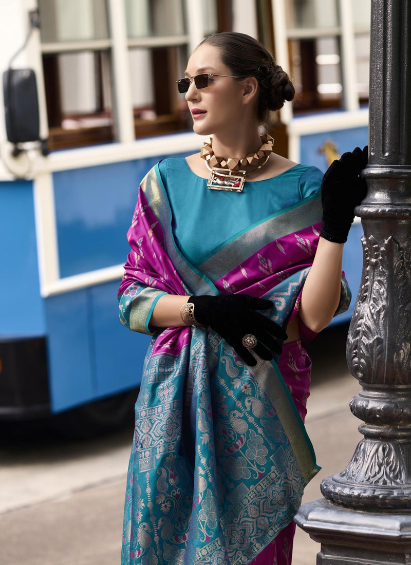 Magenta & Sky Blue Soft Silk Beautiful Ikkat Design Casual Wear Saree