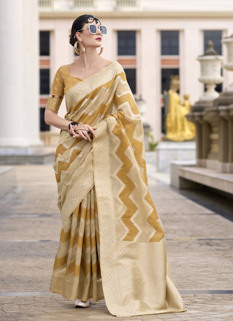Mustard & Beige Cotton Linen Silk Golden Weaving Office Wear Saree