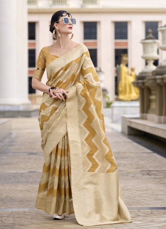 Mustard & Beige Cotton Linen Silk Golden Weaving Office Wear Saree