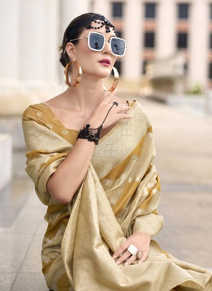 Mustard & Beige Cotton Linen Silk Golden Weaving Office Wear Saree