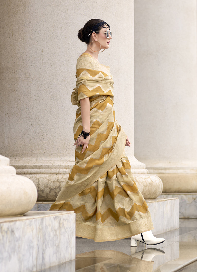 Mustard & Beige Cotton Linen Silk Golden Weaving Office Wear Saree
