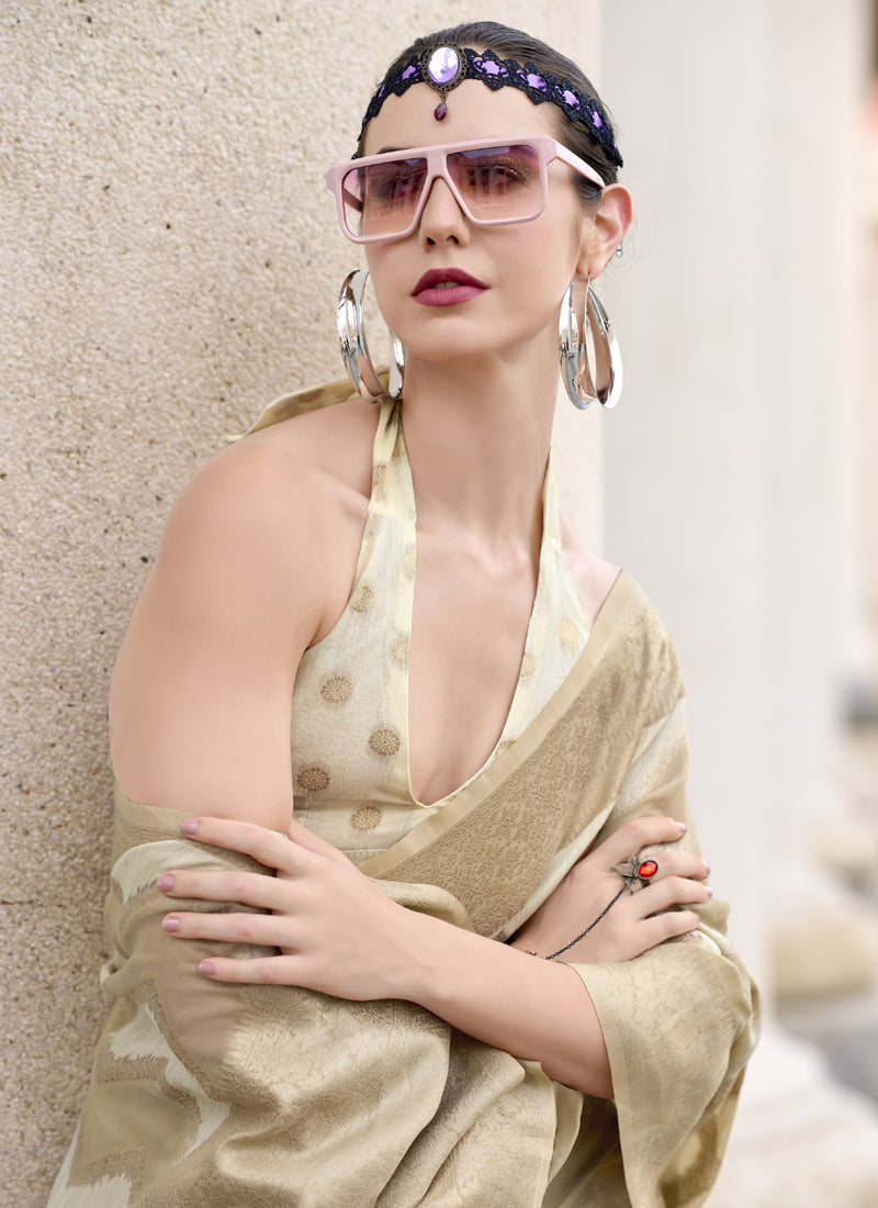 Off White & Beige Cotton Linen Silk Golden Weaving  Office Wear Saree