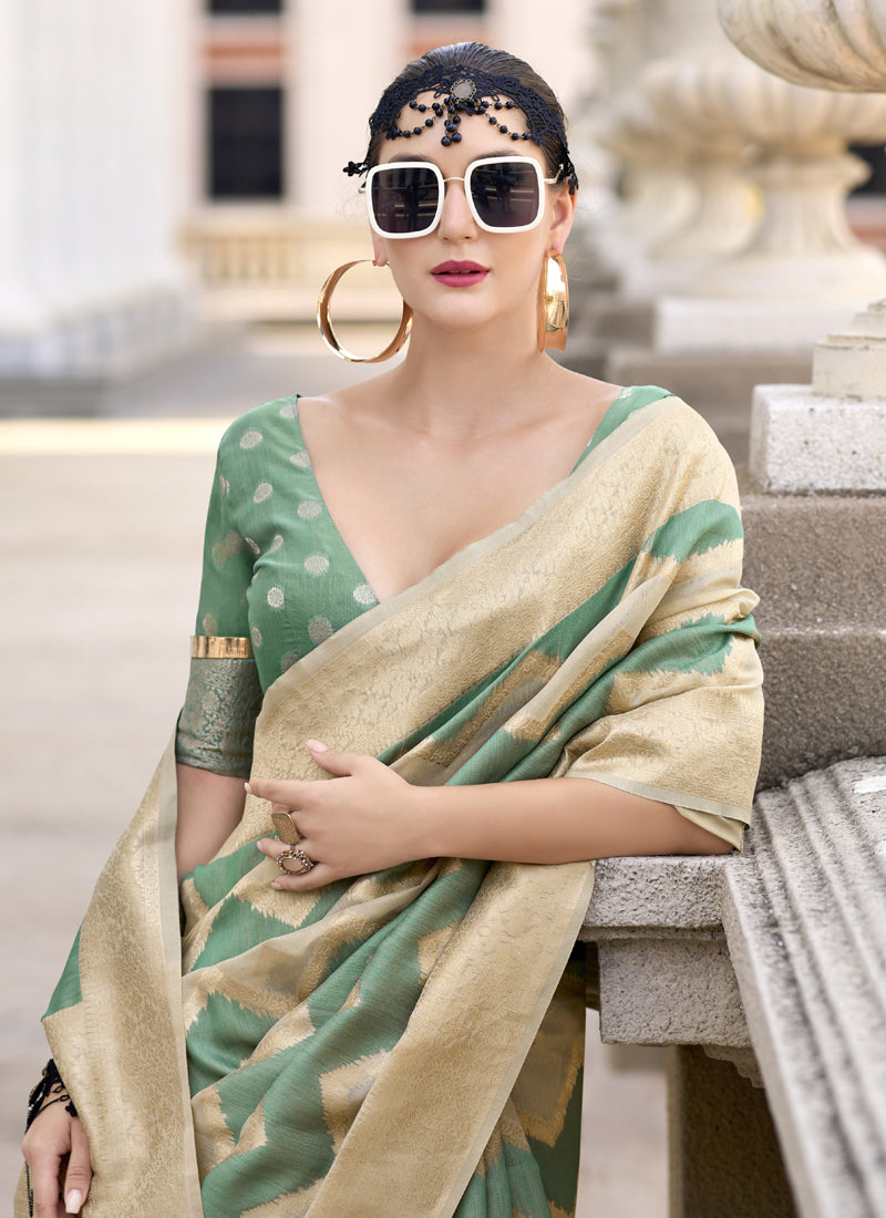 Pista & Beige Cotton Linen Silk Golden Weaving Office Wear Saree