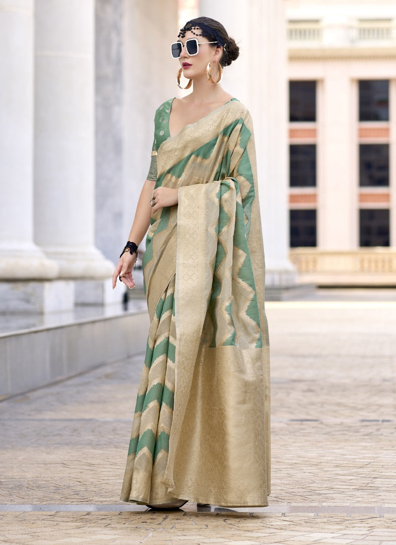 Pista & Beige Cotton Linen Silk Golden Weaving Office Wear Saree