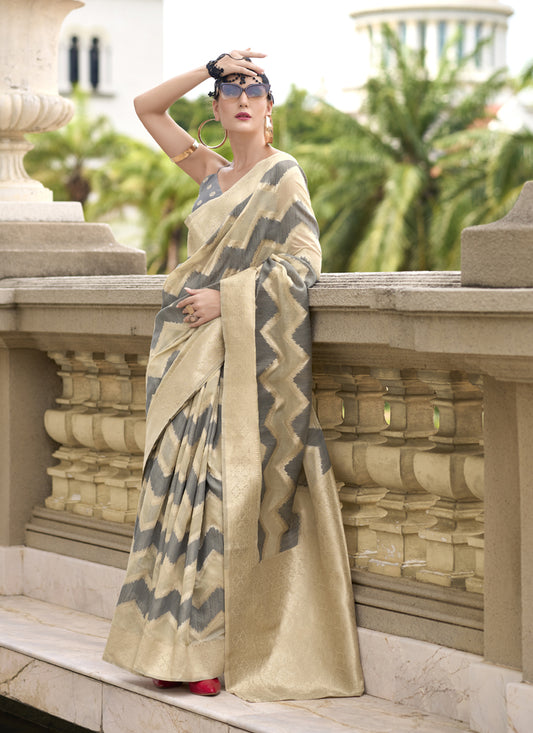 Gray & Beige Cotton Linen Silk Golden Weaving Office Wear Saree
