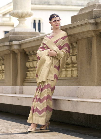 Onion Pink & Beige Cotton Linen Silk Golden Weaving  Office Wear Saree