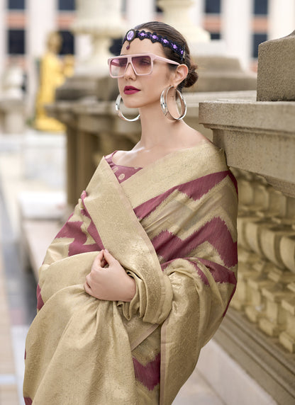 Onion Pink & Beige Cotton Linen Silk Golden Weaving  Office Wear Saree