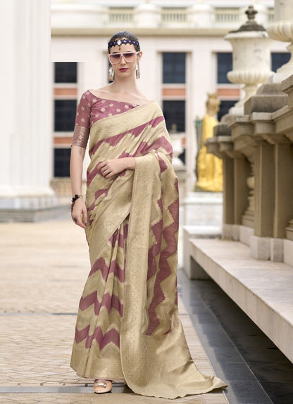 Onion Pink & Beige Cotton Linen Silk Golden Weaving  Office Wear Saree