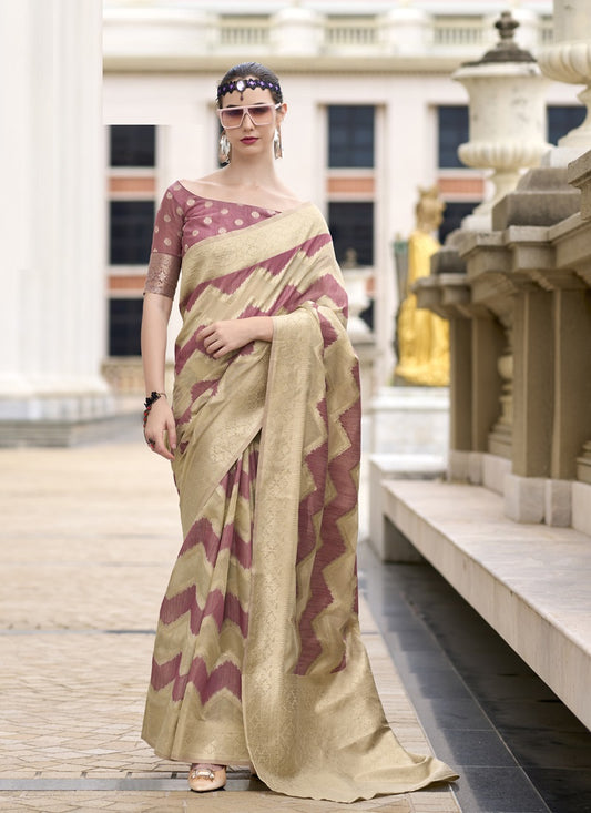 Onion Pink & Beige Cotton Linen Silk Golden Weaving  Office Wear Saree