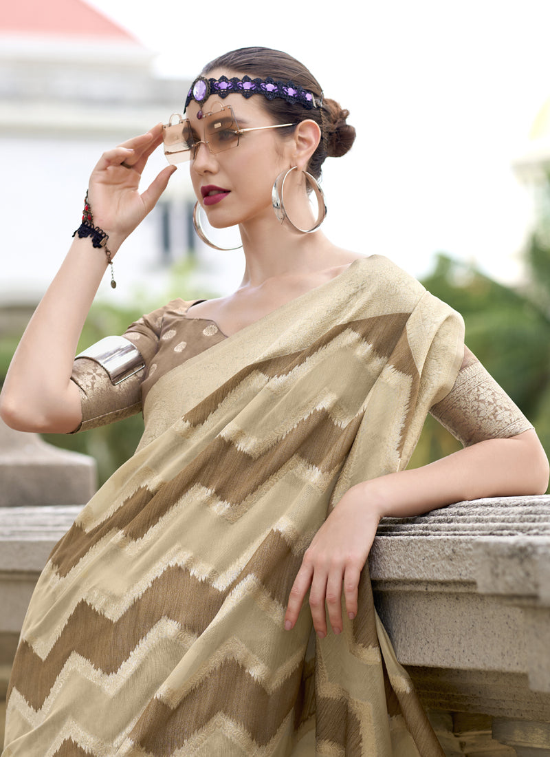Coffee & Beige Cotton Linen Silk Golden Weaving Office Wear Saree