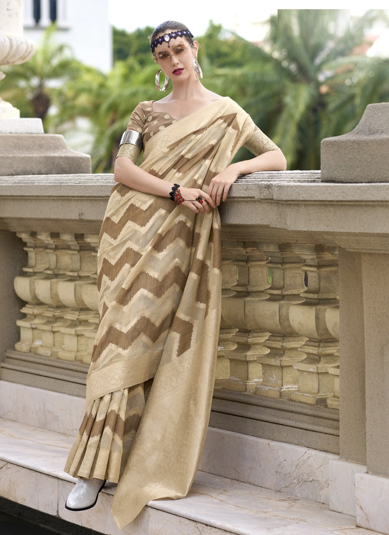 Coffee & Beige Cotton Linen Silk Golden Weaving Office Wear Saree