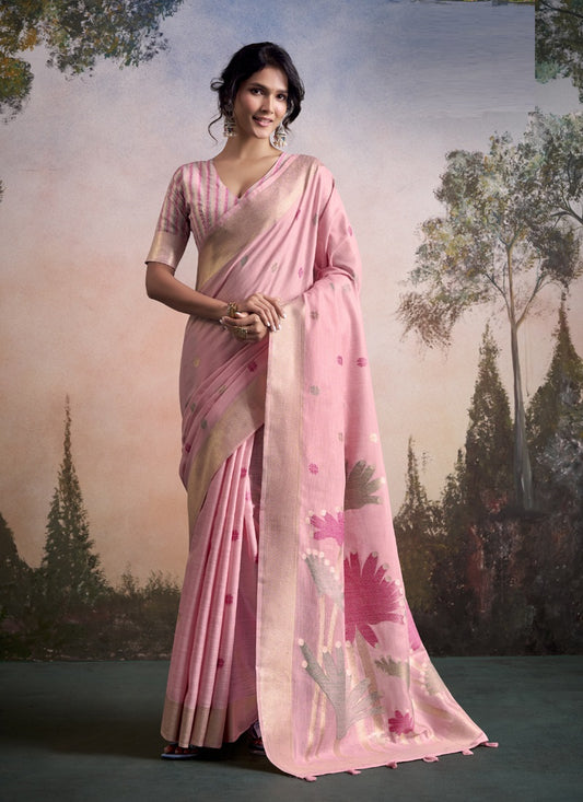 Linen Silk With Floral Woven Pallu Festive Wear Saree
