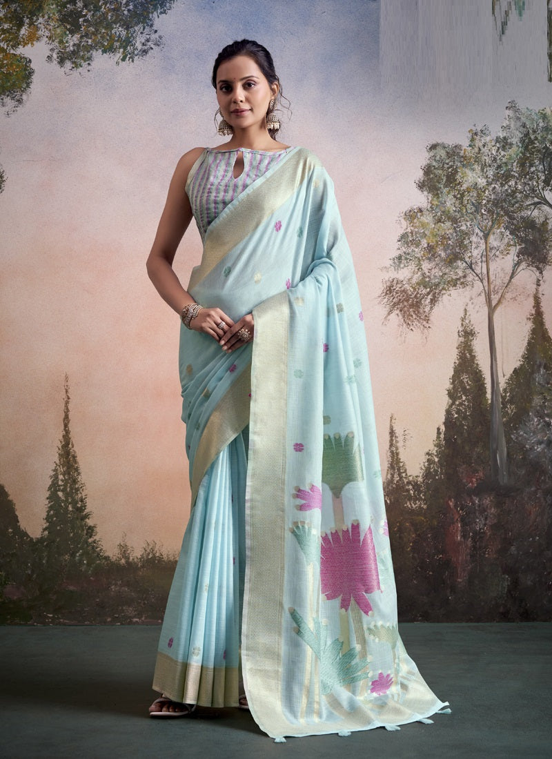 Linen Silk With Floral Woven Pallu Festive Wear Saree