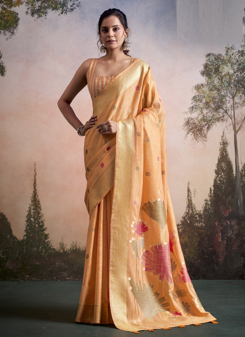 Linen Silk With Floral Woven Pallu Festive Wear Saree