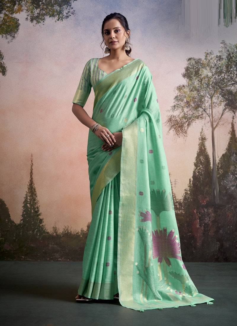 Linen Silk With Floral Woven Pallu Festive Wear Saree
