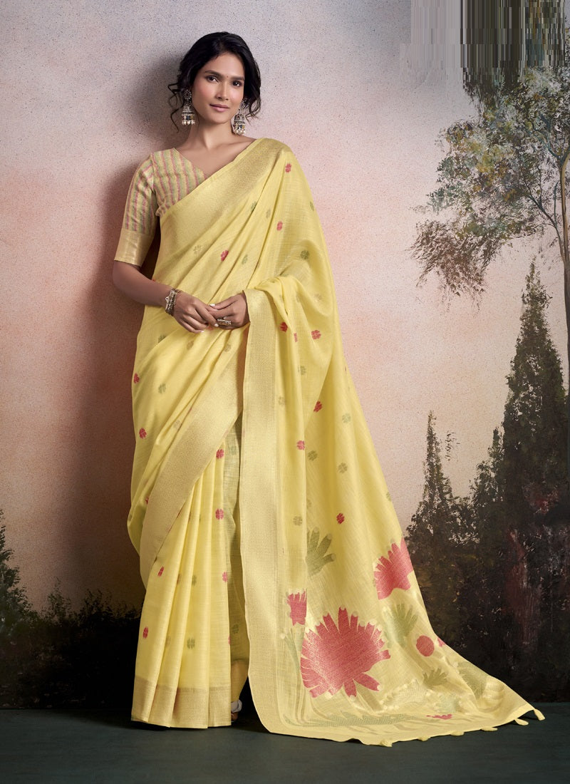 Linen Silk With Floral Woven Pallu Festive Wear Saree