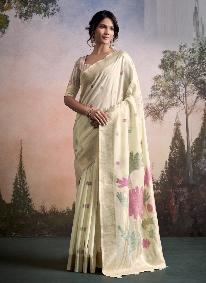 Linen Silk With Floral Woven Pallu Festive Wear Saree