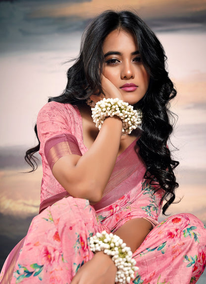 Baby Pink Cotton Silk Digital Flower Printed Casual Wear Saree