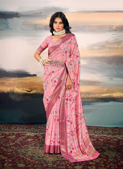 Baby Pink Cotton Silk Digital Flower Printed Casual Wear Saree