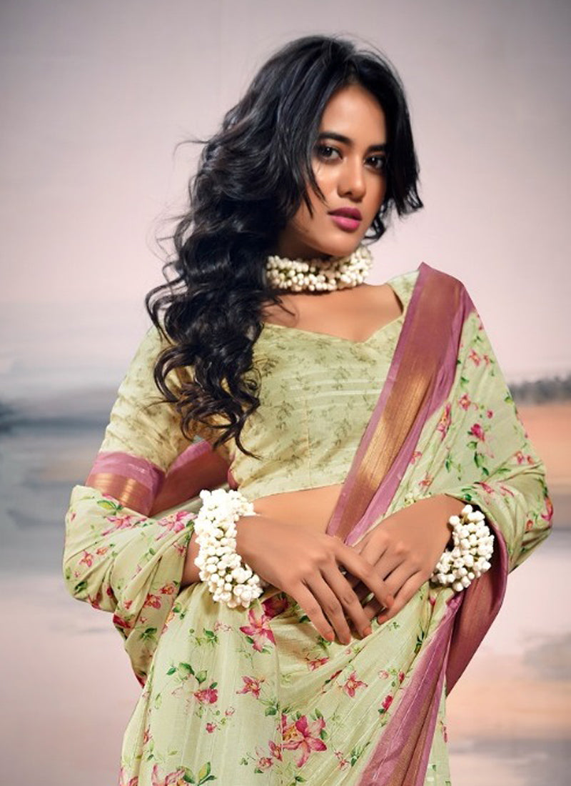 Pista Cotton Silk Digital Flower Printed Casual Wear Saree