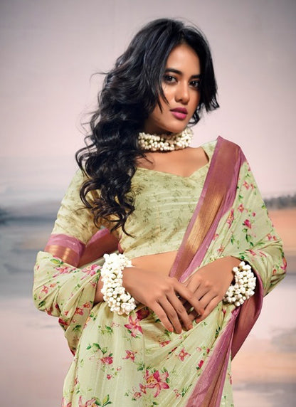 Pista Cotton Silk Digital Flower Printed Casual Wear Saree