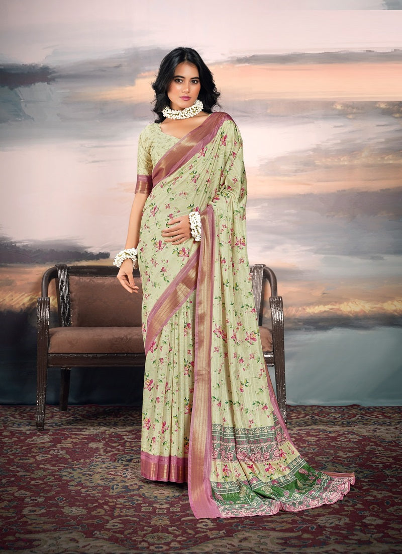Pista Cotton Silk Digital Flower Printed Casual Wear Saree