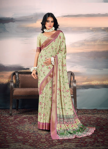 Pista Cotton Silk Digital Flower Printed Casual Wear Saree