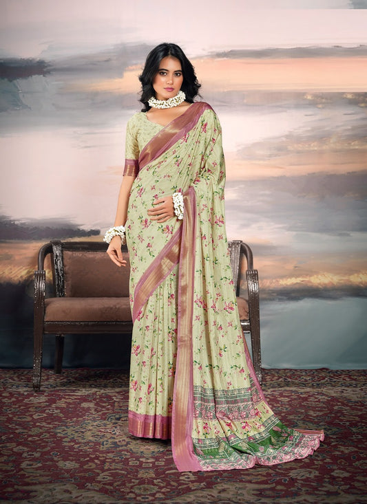 Pista Cotton Silk Digital Flower Printed Casual Wear Saree