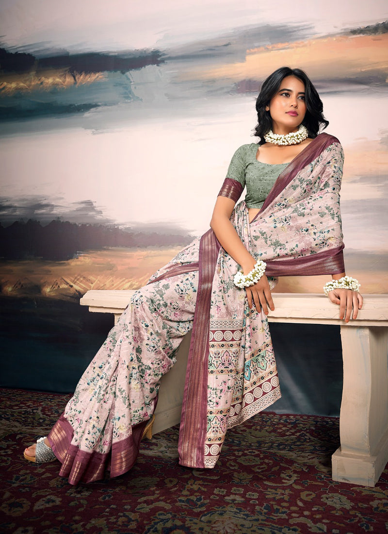 Off-White Cotton Silk Digital Flower Printed Casual Wear Saree