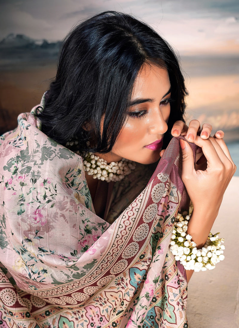 Off-White Cotton Silk Digital Flower Printed Casual Wear Saree