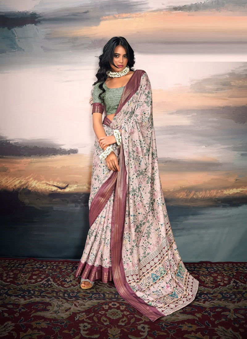 Off-White Cotton Silk Digital Flower Printed Casual Wear Saree