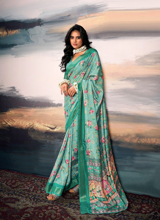 Light Turquoise Cotton Silk Digital Flower Printed Casual Wear Saree