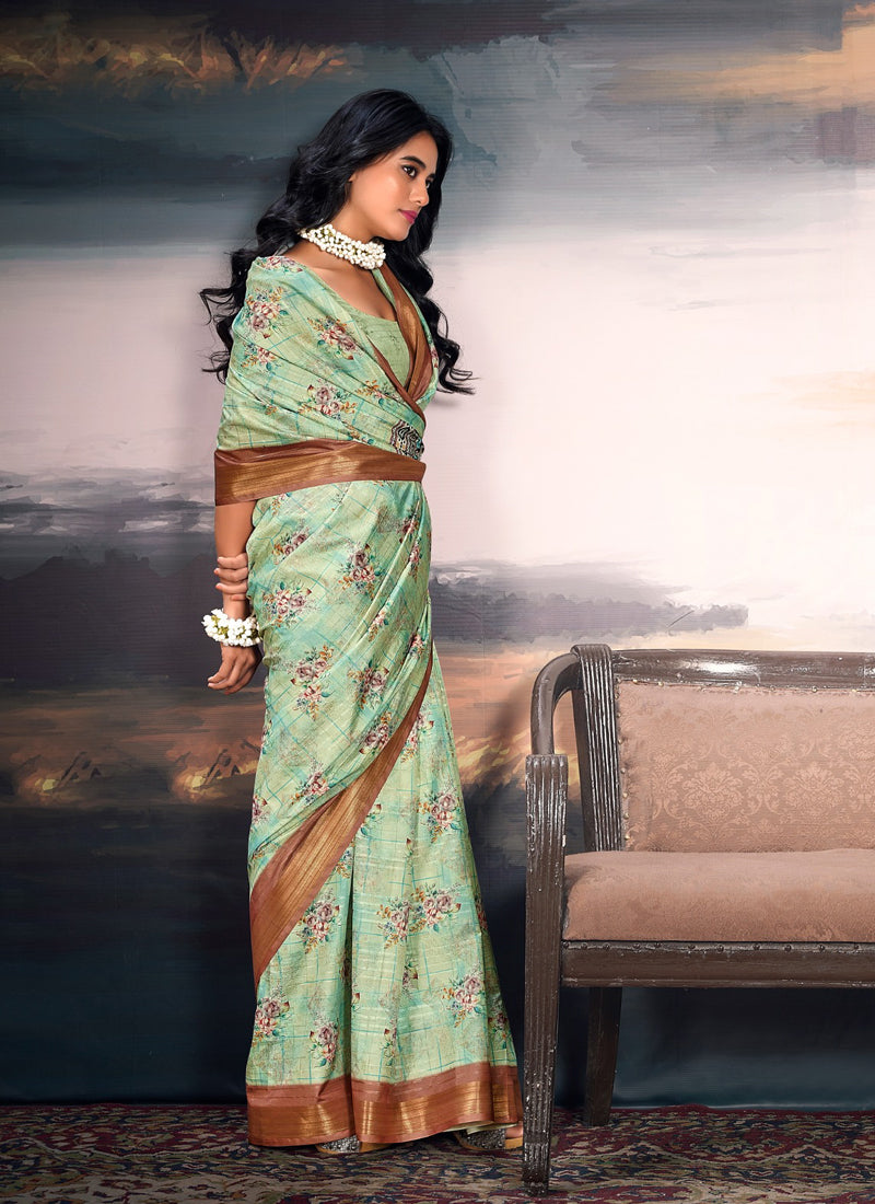 Pista Cotton Silk Digital Flower Printed Casual Wear Saree