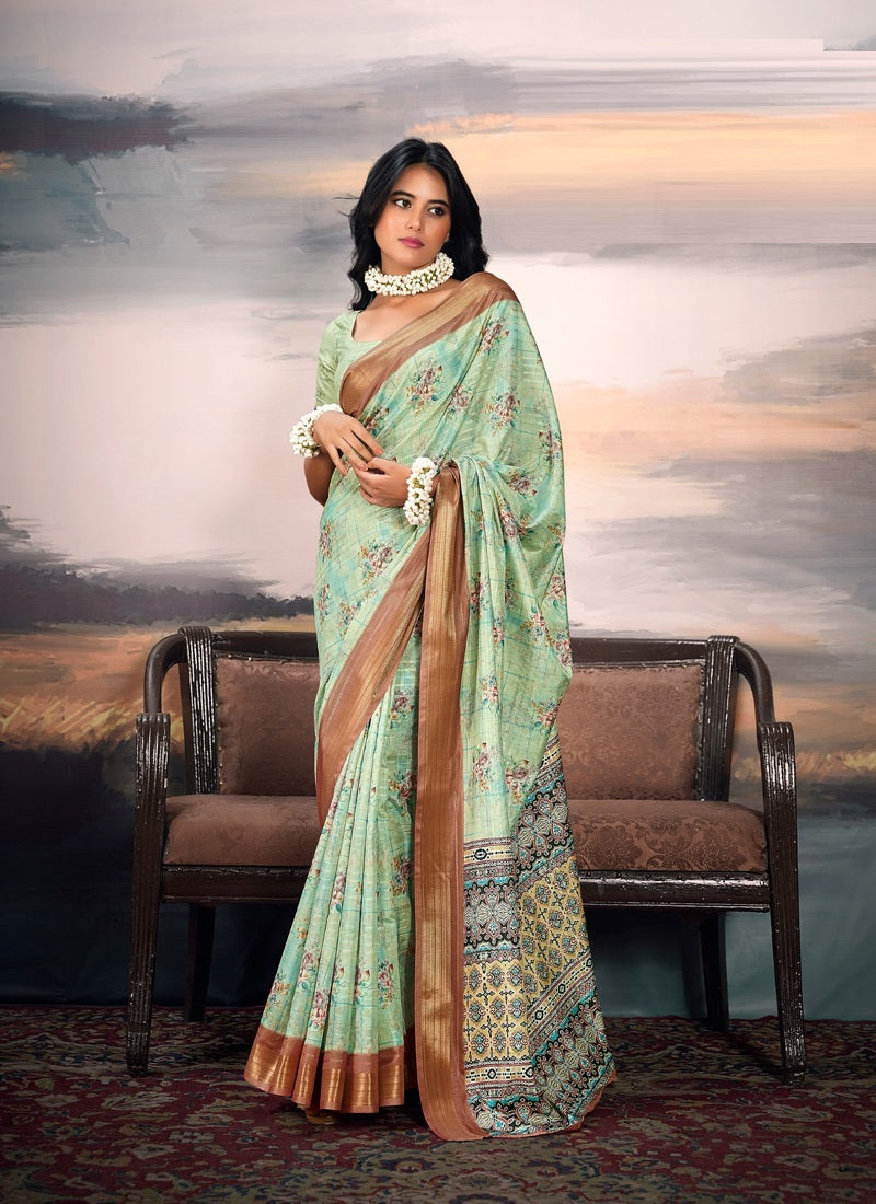 Pista Cotton Silk Digital Flower Printed Casual Wear Saree